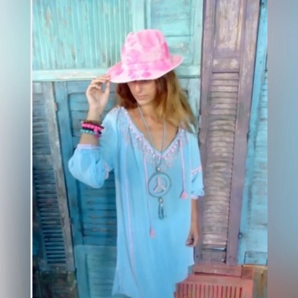Beachwear Tunic dress Embroired L *Fleur de Pirate* tassels blue open sleeves